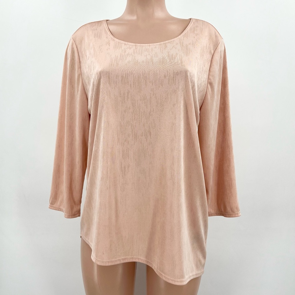 Chico’s Travelers Pink/Gold Shimmering Stretchy Knit Asymmetrical Tunic Top
